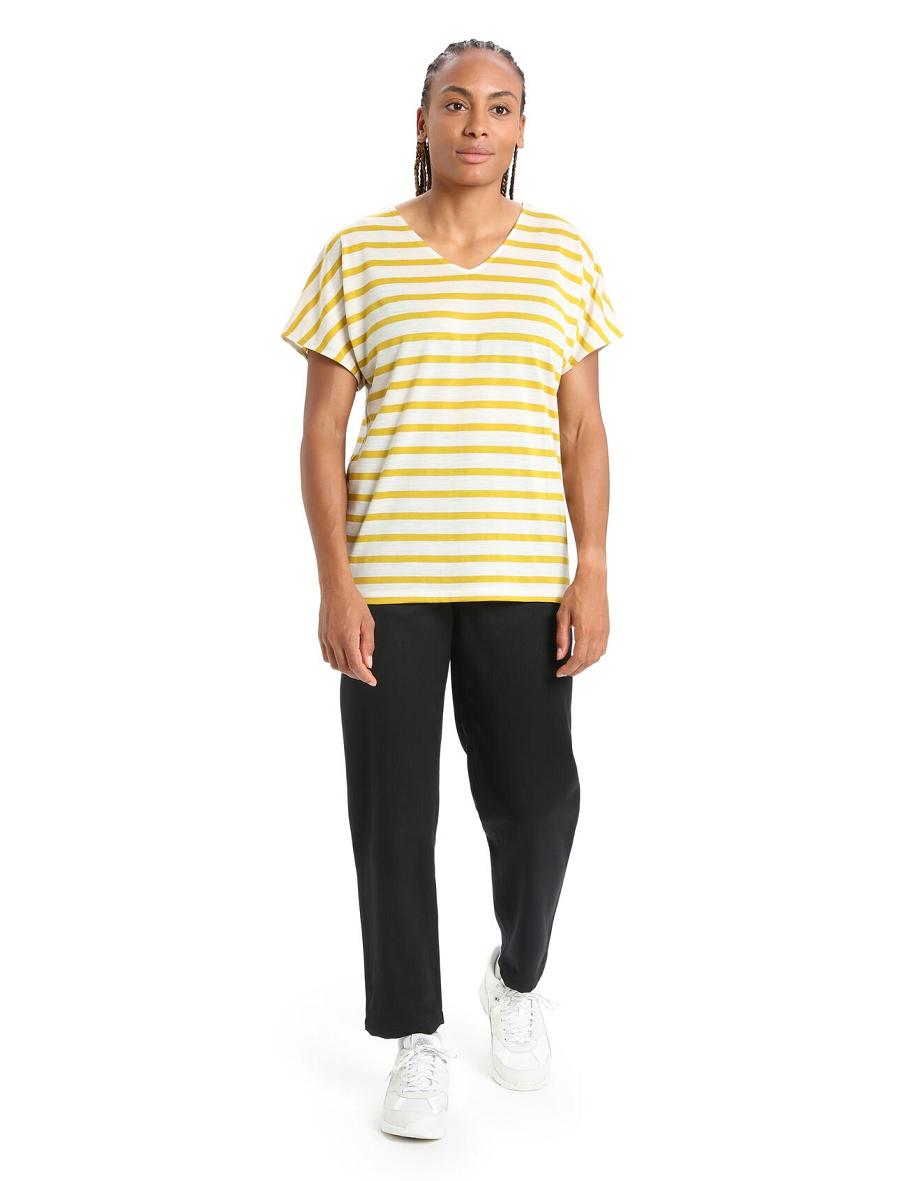 Ecru Heather / Silent Gold Icebreaker Merino Drayden Reversible Short Sleeve Top Stripe Women's T Shirts | AU 1607XYUF